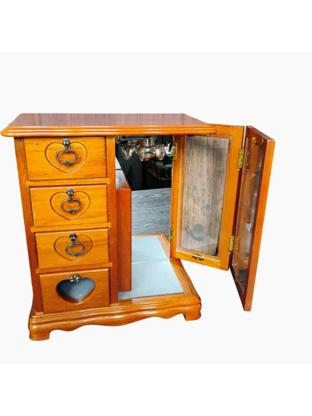 Wooden Jewelry Box w Heart Motif Glass Door & Velvet-Lined Storage Compartments